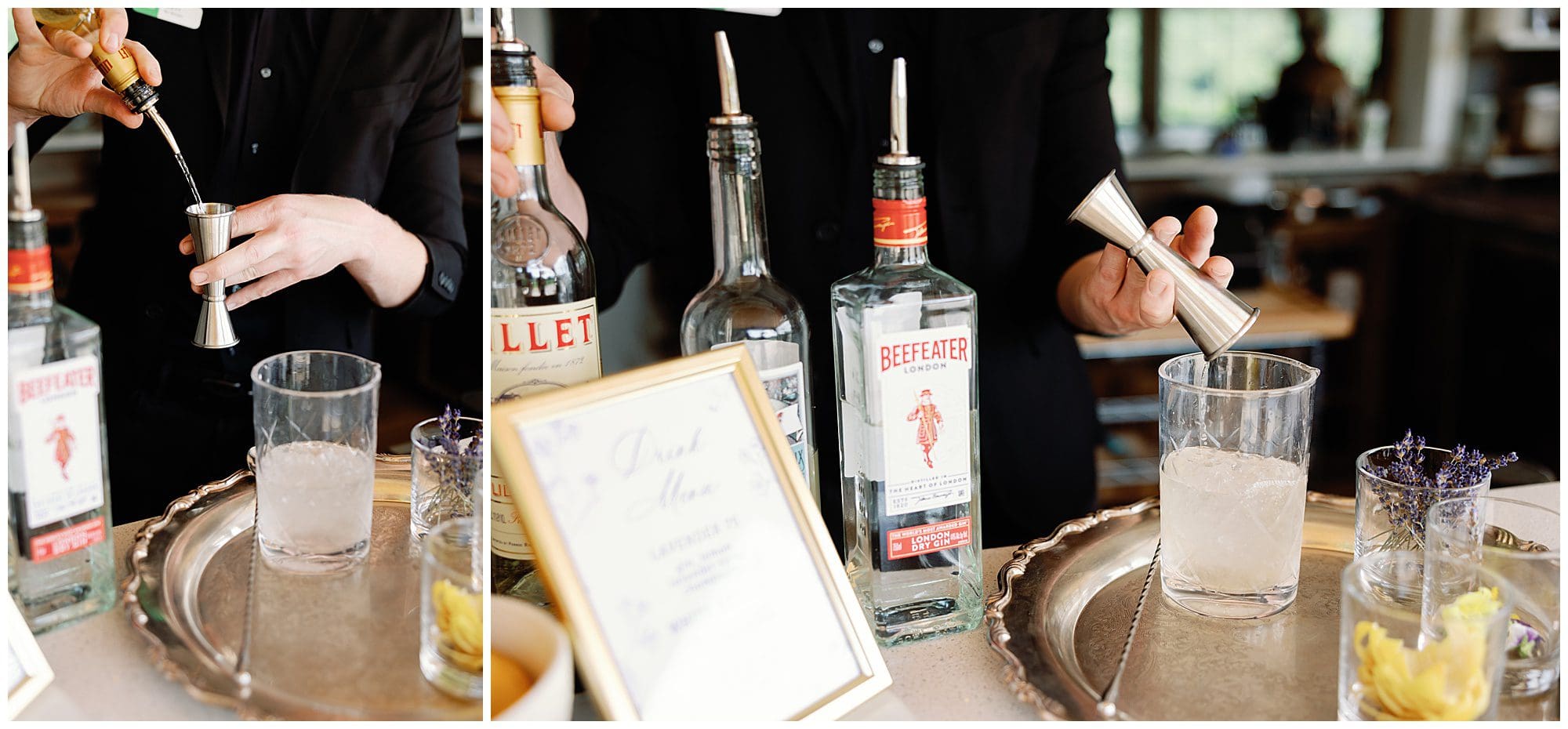 A Parisian-inspired bartender pouring a drink into a glass at a summer wedding at The Ridge.