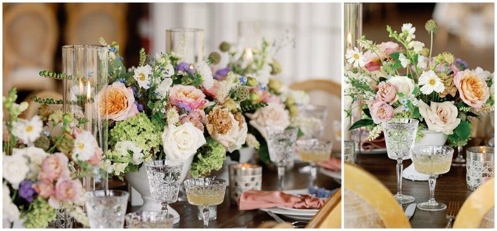 A Parisian-inspired summer wedding at The Ridge, featuring a table adorned with flowers and vases.