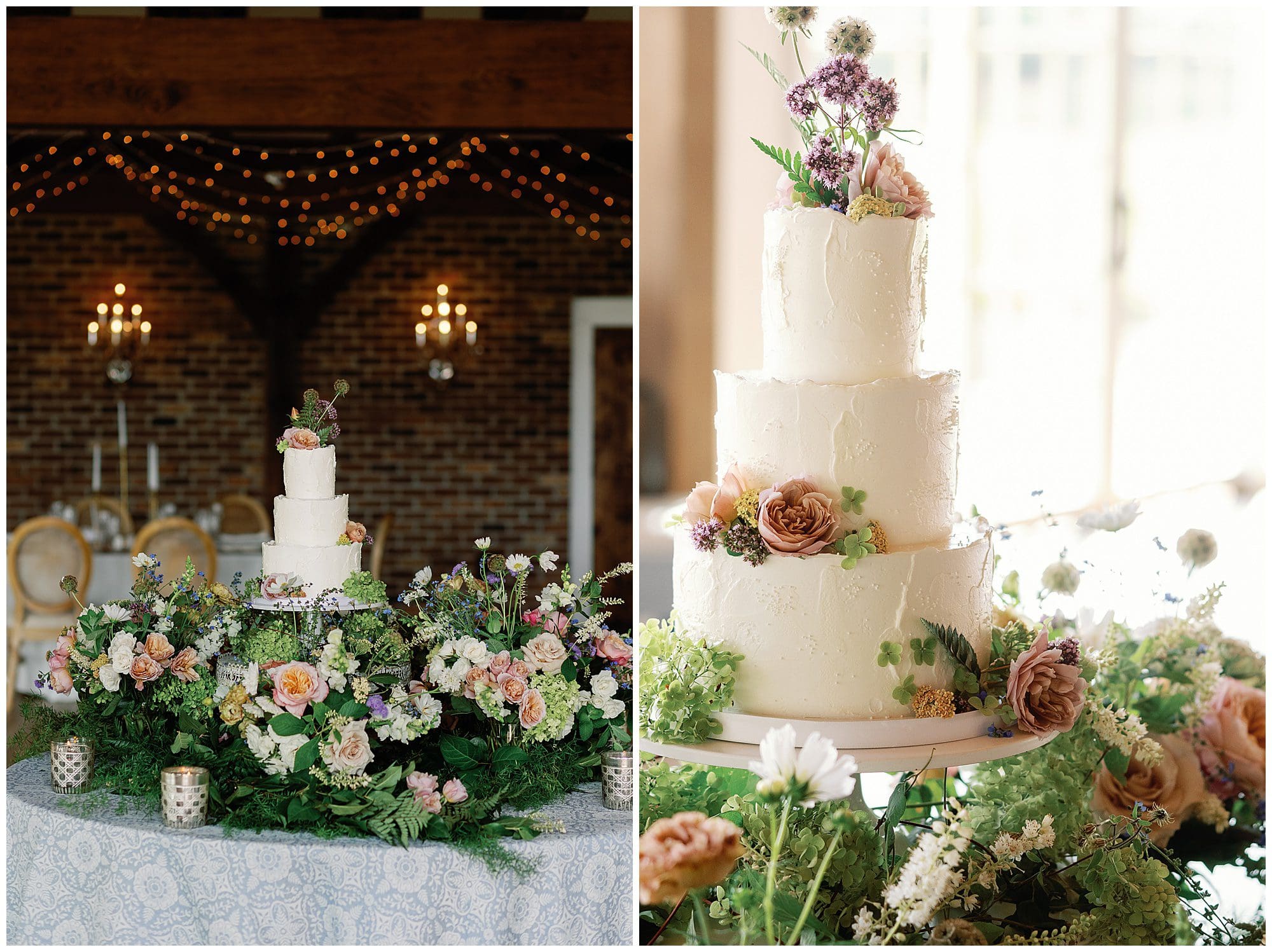 Two pictures of a Parisian-inspired summer wedding cake displayed at The Ridge.