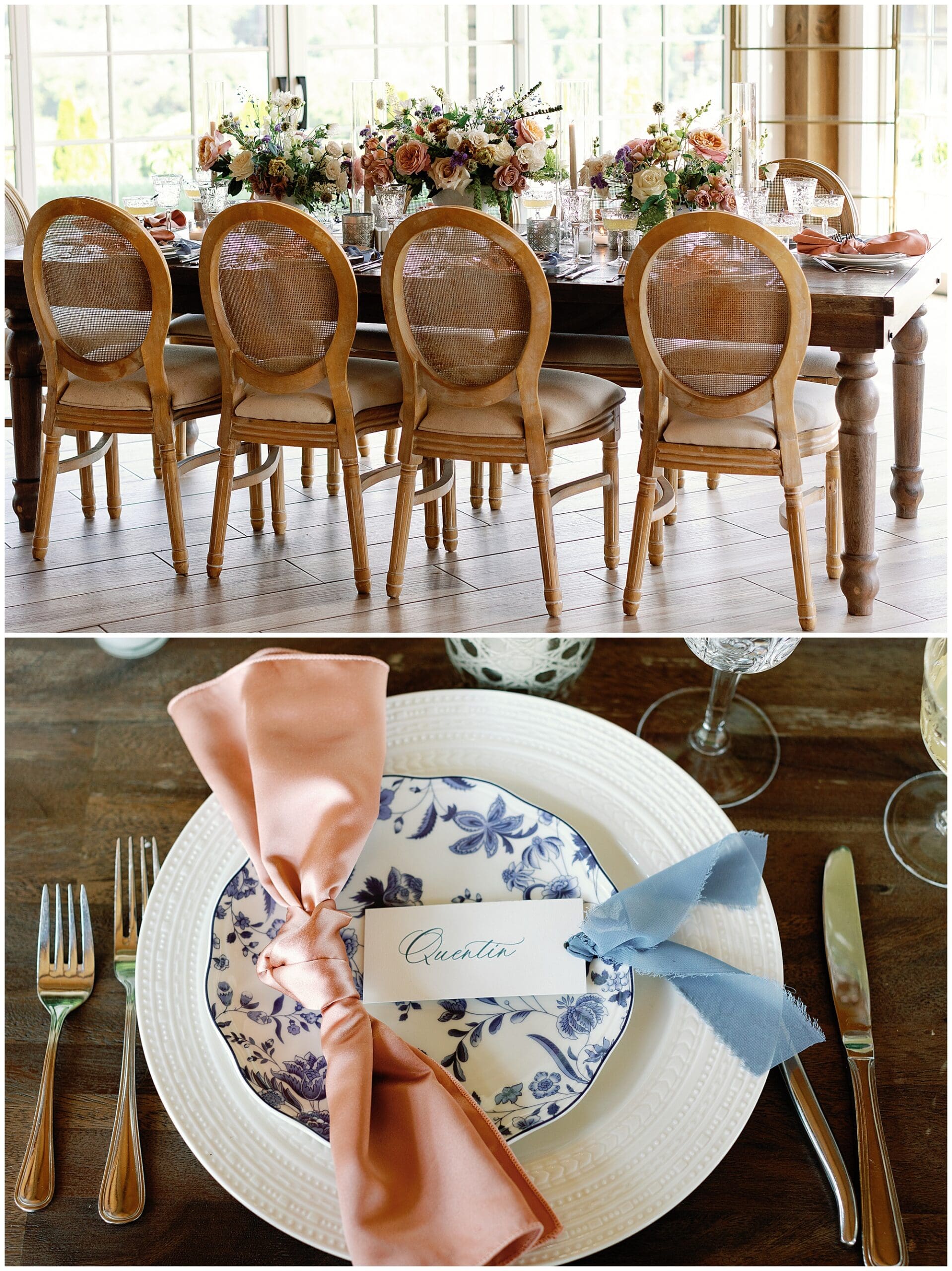A Parisian-inspired summer wedding table setting at The Ridge, featuring blue and white plates and napkins.