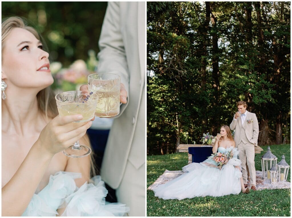 A Parisian-inspired summer wedding at The Ridge, where the radiant bride and groom are seen joyfully toasting with champagne in the outdoor venue.