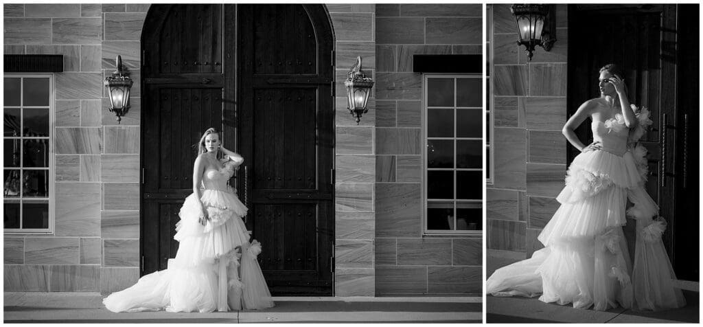 Two black and white photos of a woman in a Parisian-inspired summer wedding dress at The Ridge.