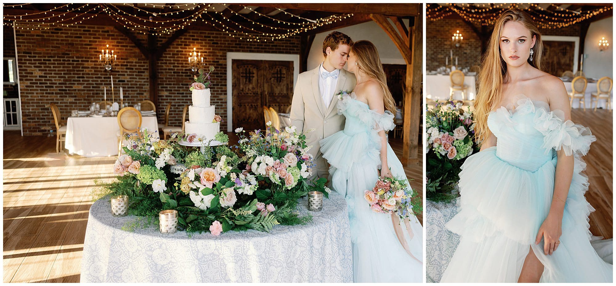 A bride and groom standing next to a Parisian-inspired wedding cake at The Ridge.