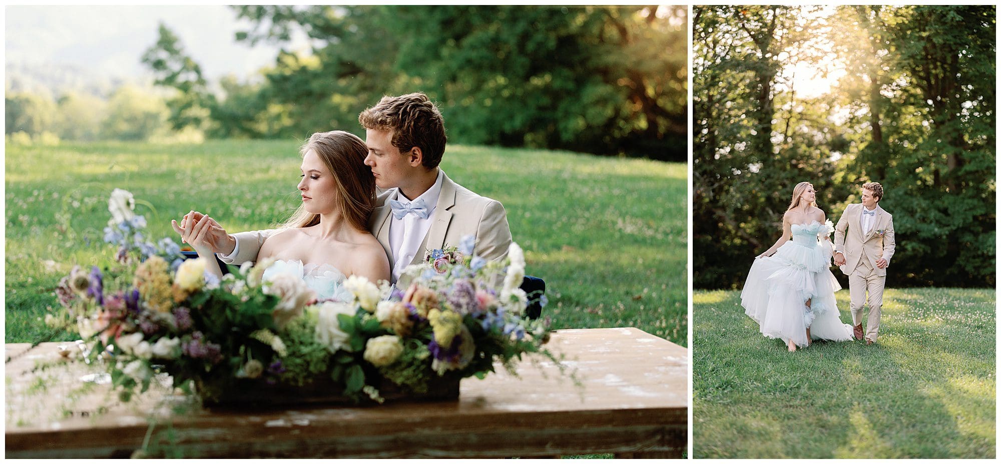 A Parisian-inspired summer wedding at The Ridge, with a bride and groom sitting on a table in a field.