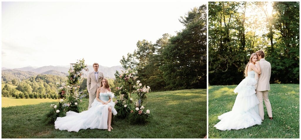 A Parisian-inspired summer wedding at The Ridge, with a bride and groom posing for a photo in the mountains.