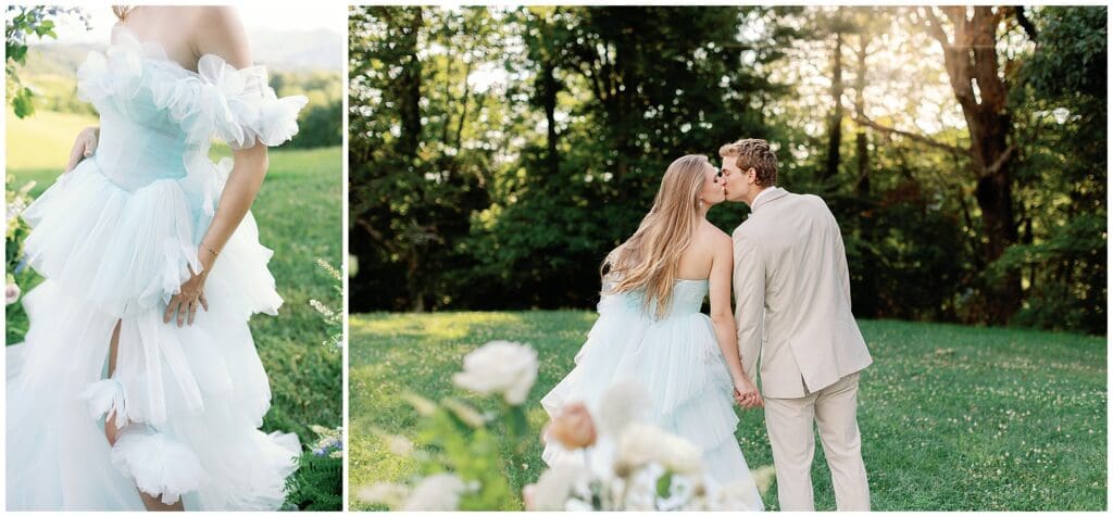 Two photos of a Parisian-inspired summer wedding at The Ridge, with the bride and groom sharing a tender kiss in the lush grass.