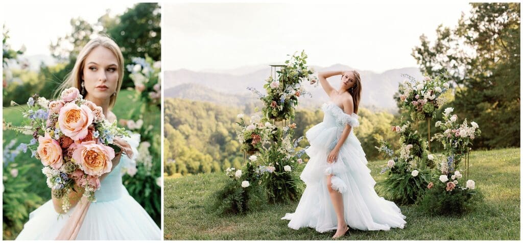 A Parisian-inspired woman in a white dress is posing in front of a mountain during a summer wedding at The Ridge.