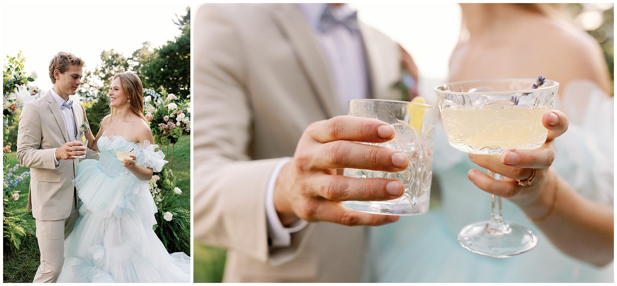 A Parisian-inspired summer wedding at The Ridge featuring a bride and groom toasting with a glass of champagne.