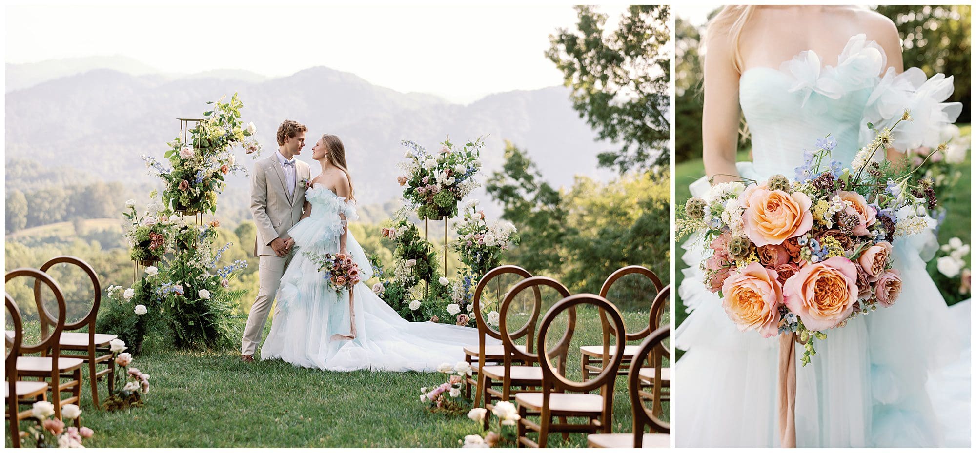 A Parisian-inspired summer wedding at The Ridge, with a bride and groom celebrating their special day surrounded by the majestic mountains.