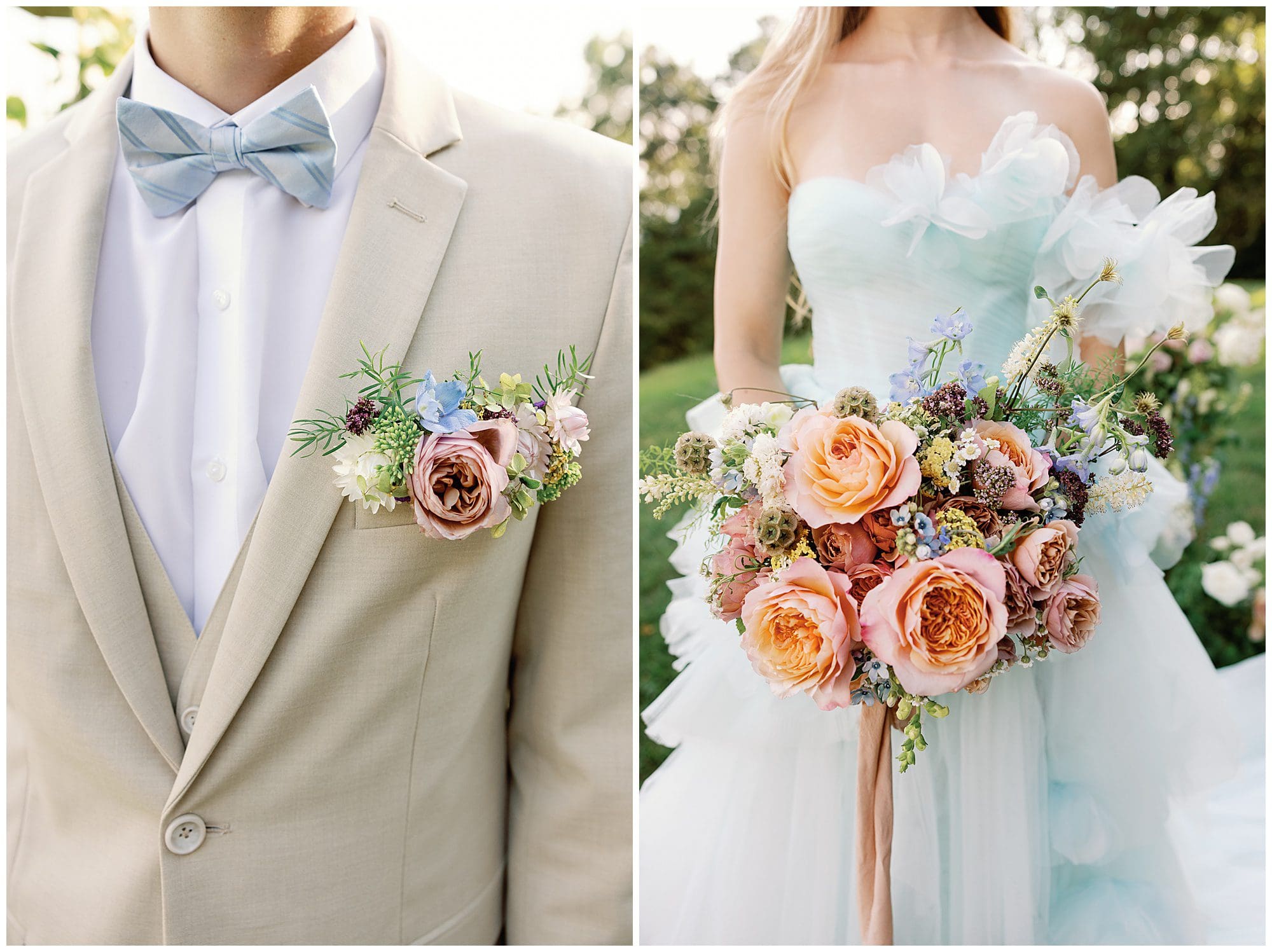 A Parisian-inspired summer wedding at The Ridge, featuring a bride in a blue tuxedo and a groom in a bow tie.