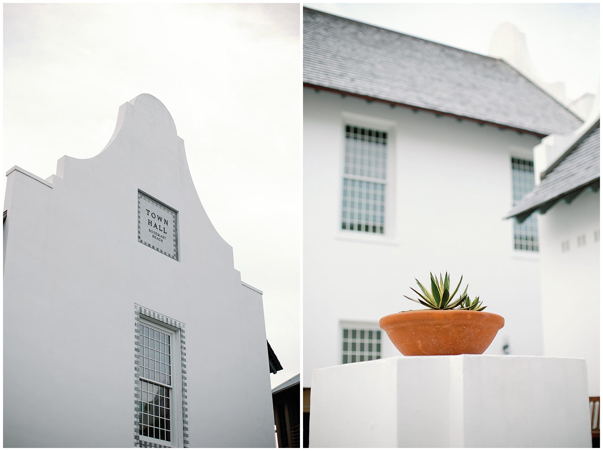Two pictures of a white building with a potted plant.
