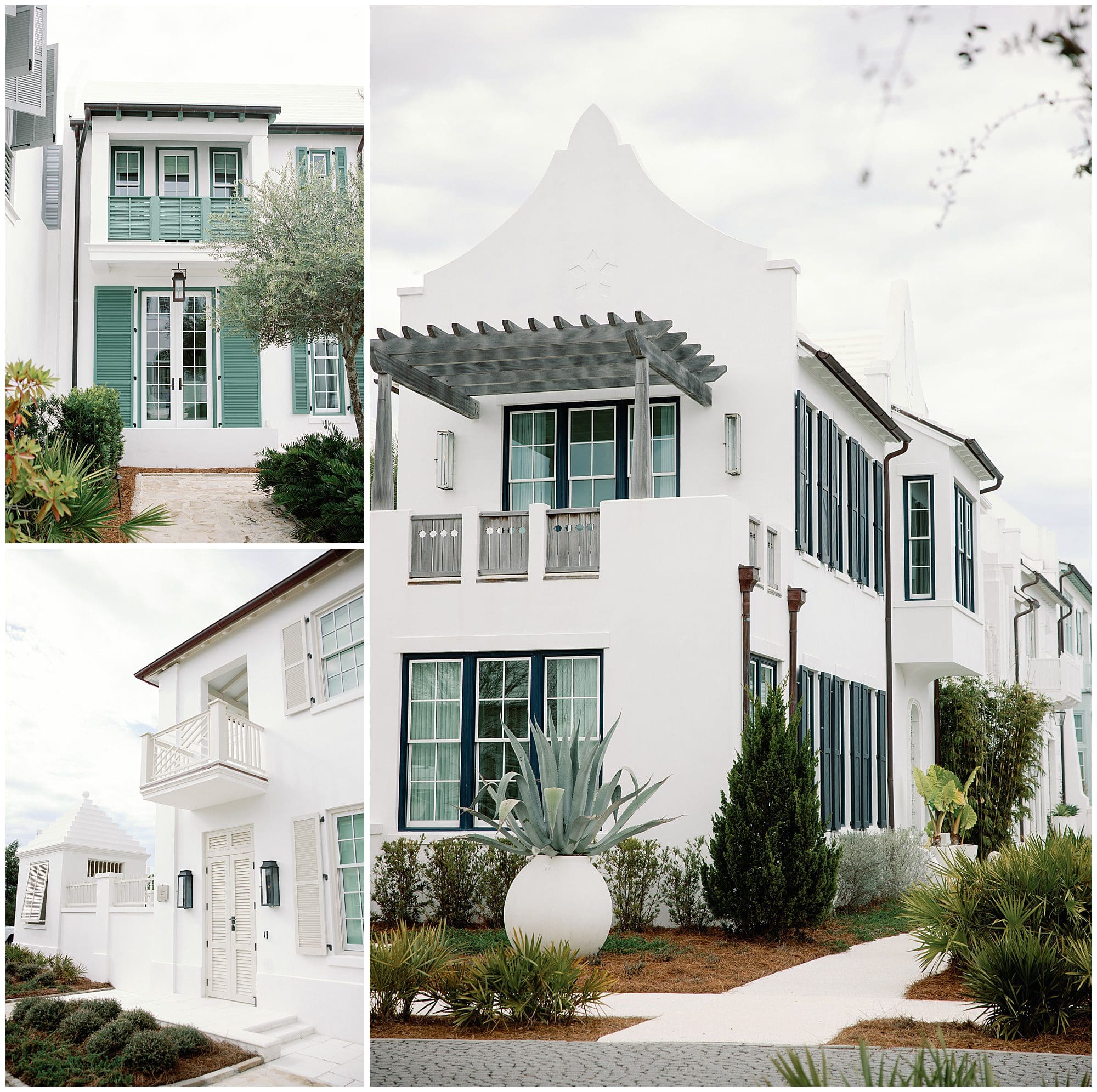 A collection of photos of white houses with green shutters.