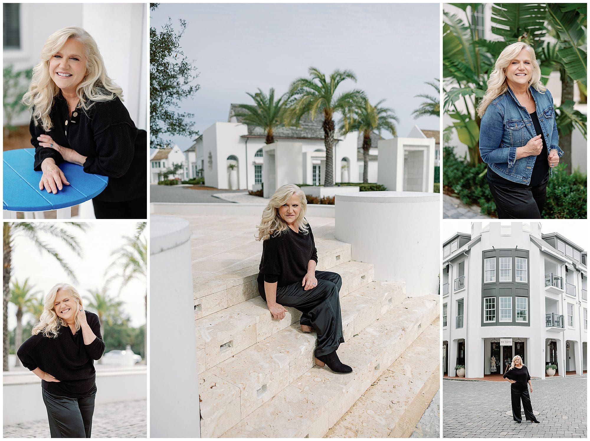 Portraits of a woman sitting on steps in front of a building.
