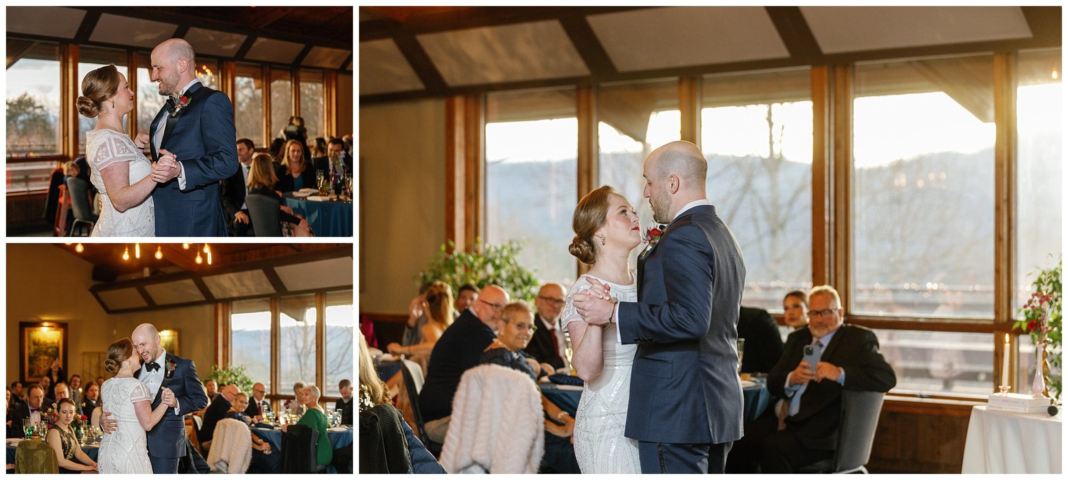 A bride and groom sharing their first dance at a wedding reception.