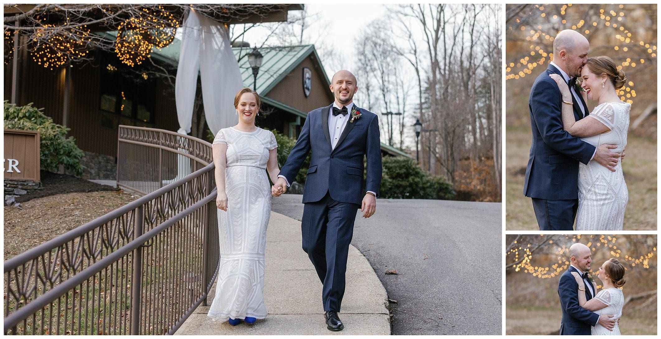 A bride and groom holding hands in front of a tree.