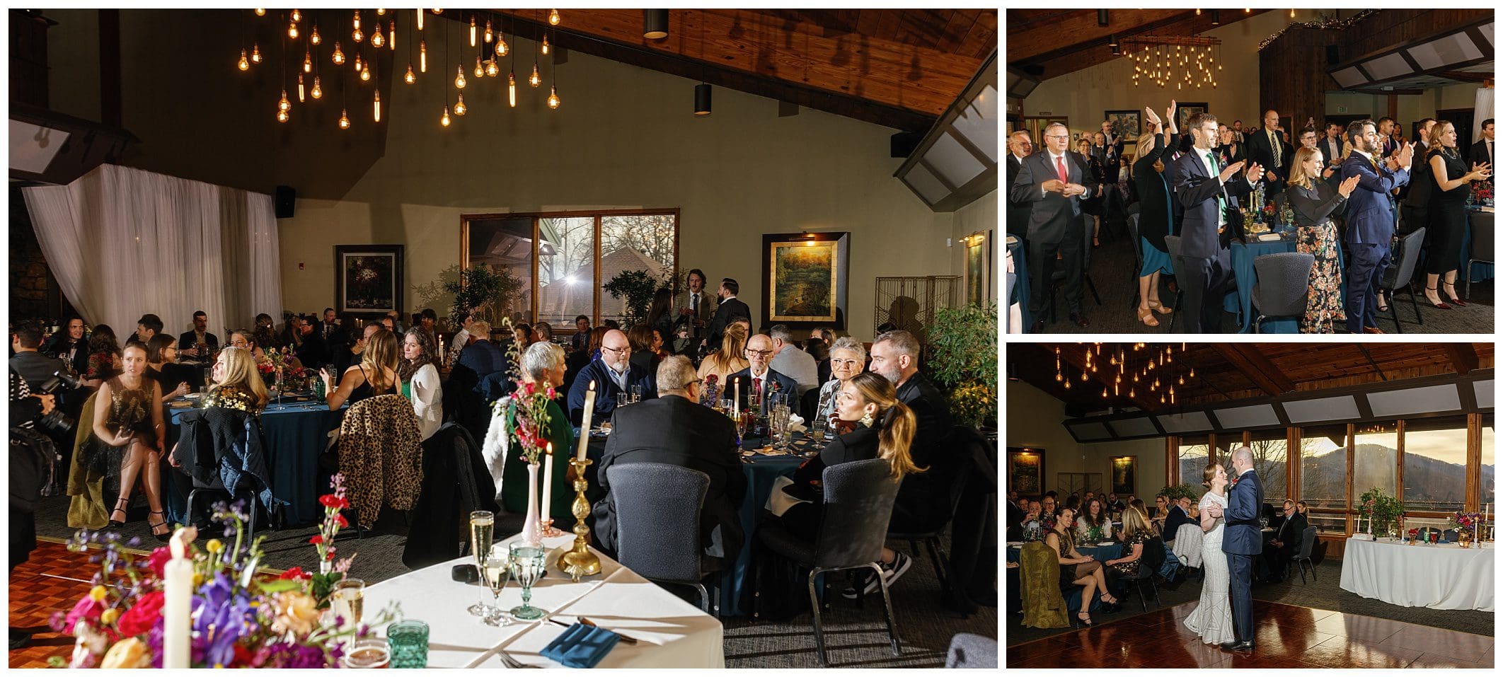 A group of people at a wedding reception at crest winter wedding asheville