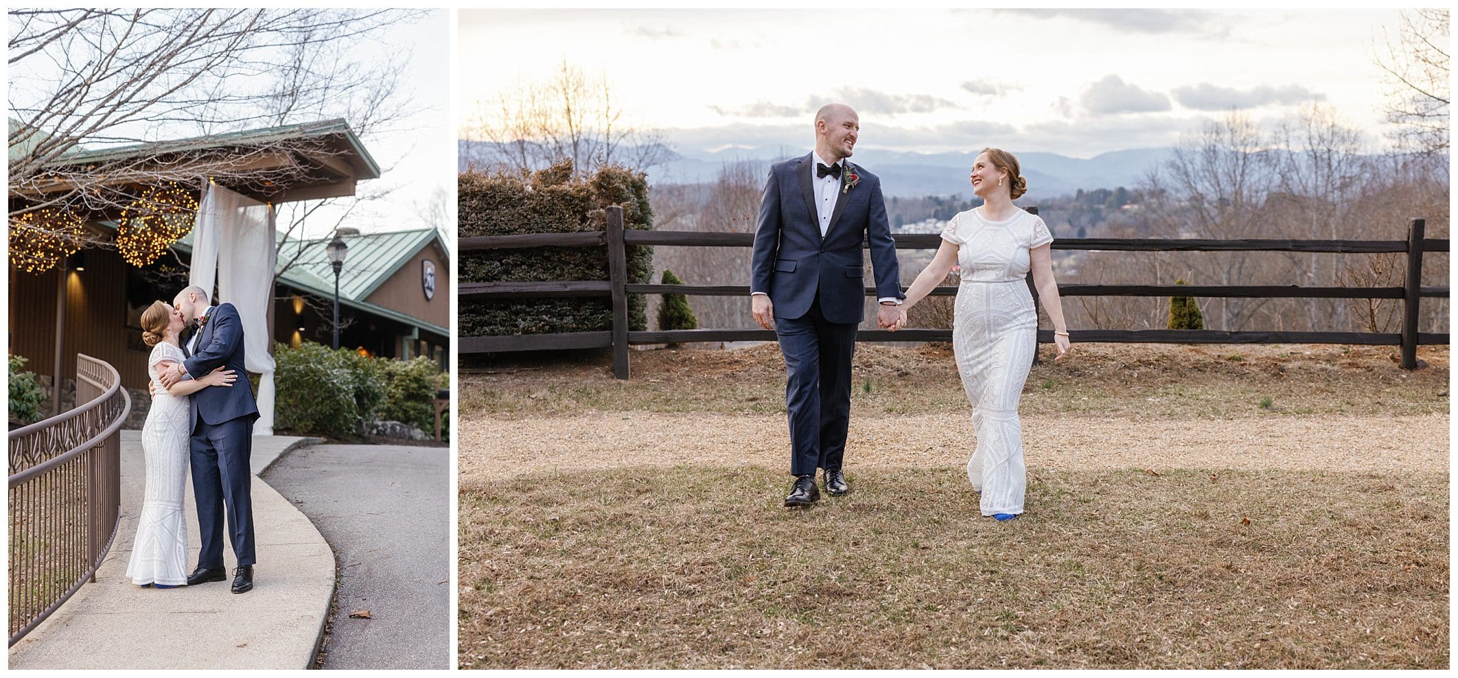 A bride and groom standing in front of the mountains.