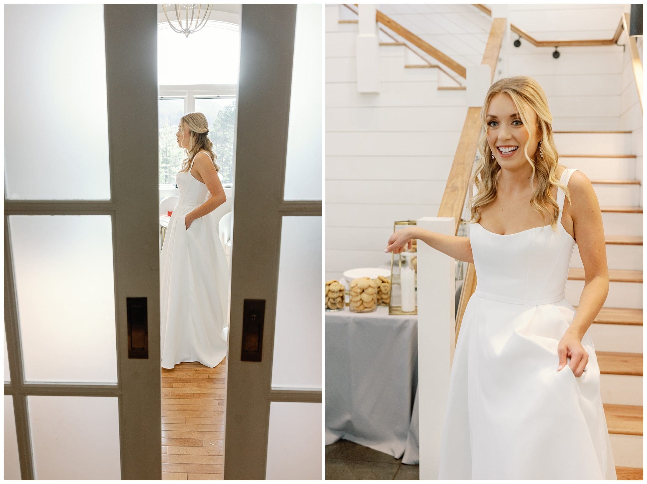 A bride in a white dress standing in a doorway.