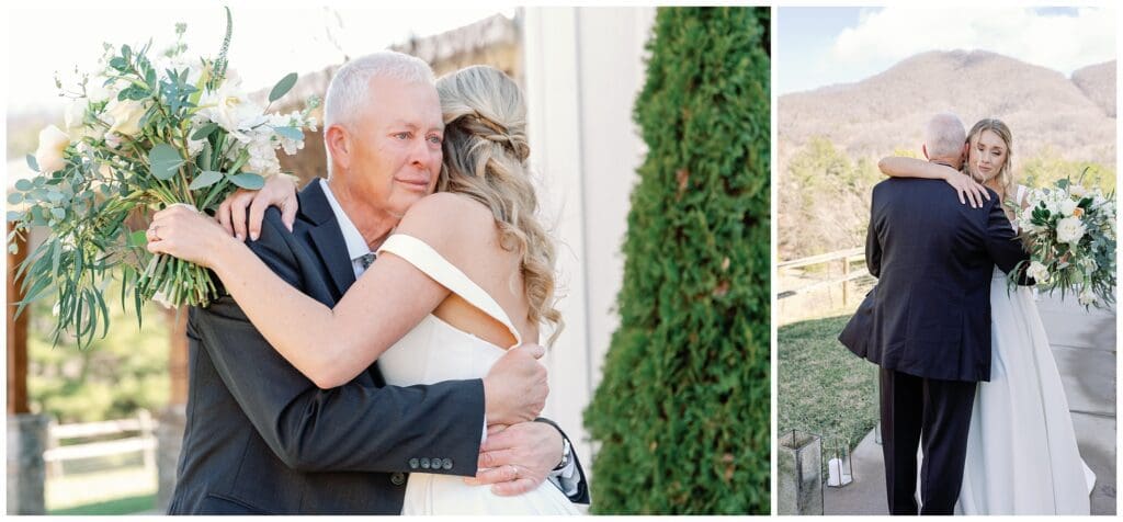 A bride and groom hugging in front of a mountain.