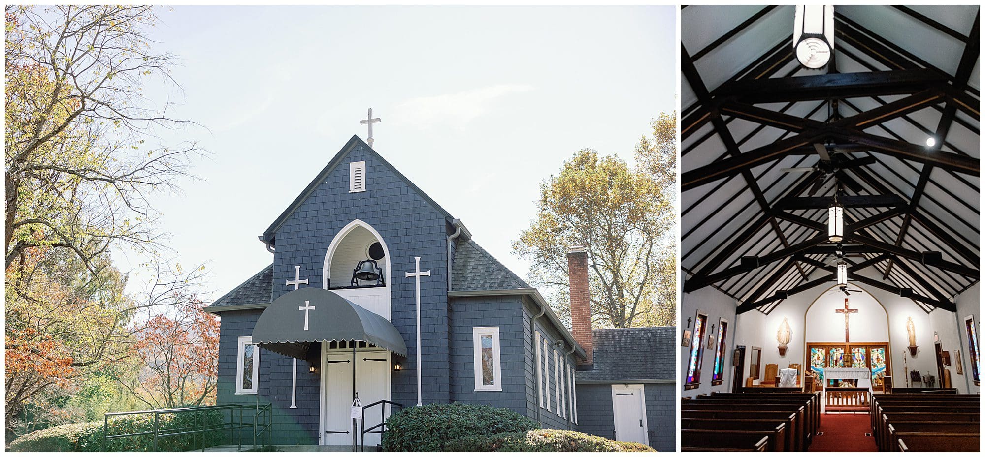 Split image depicting a small grey church with a white cross against an autumn backdrop on the left, and the church's interior showing wooden pews and a vaulted ceiling on the right.