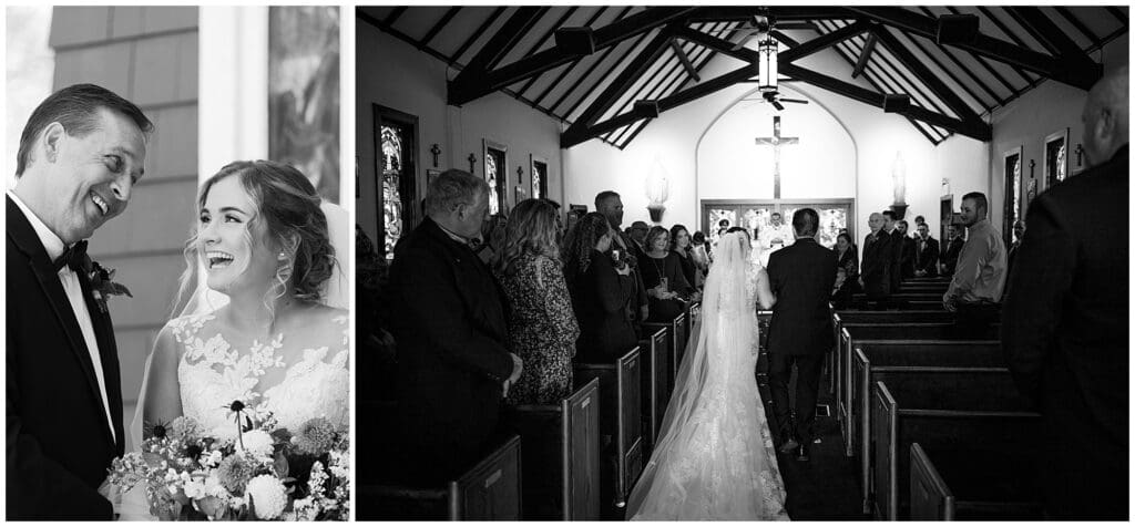 A black and white photo split in a diptych format showing a wedding scene: left, a smiling bride and groom close-up; right, the bride walking down the aisle viewed from the back.