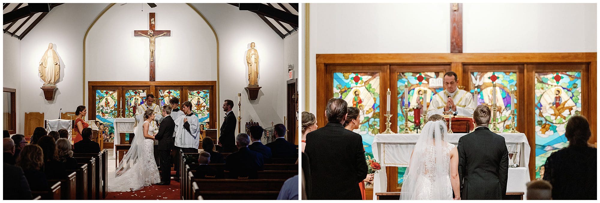 Wedding ceremony in a church with stained glass windows, featuring a bride and groom at the altar with a priest and guests watching.