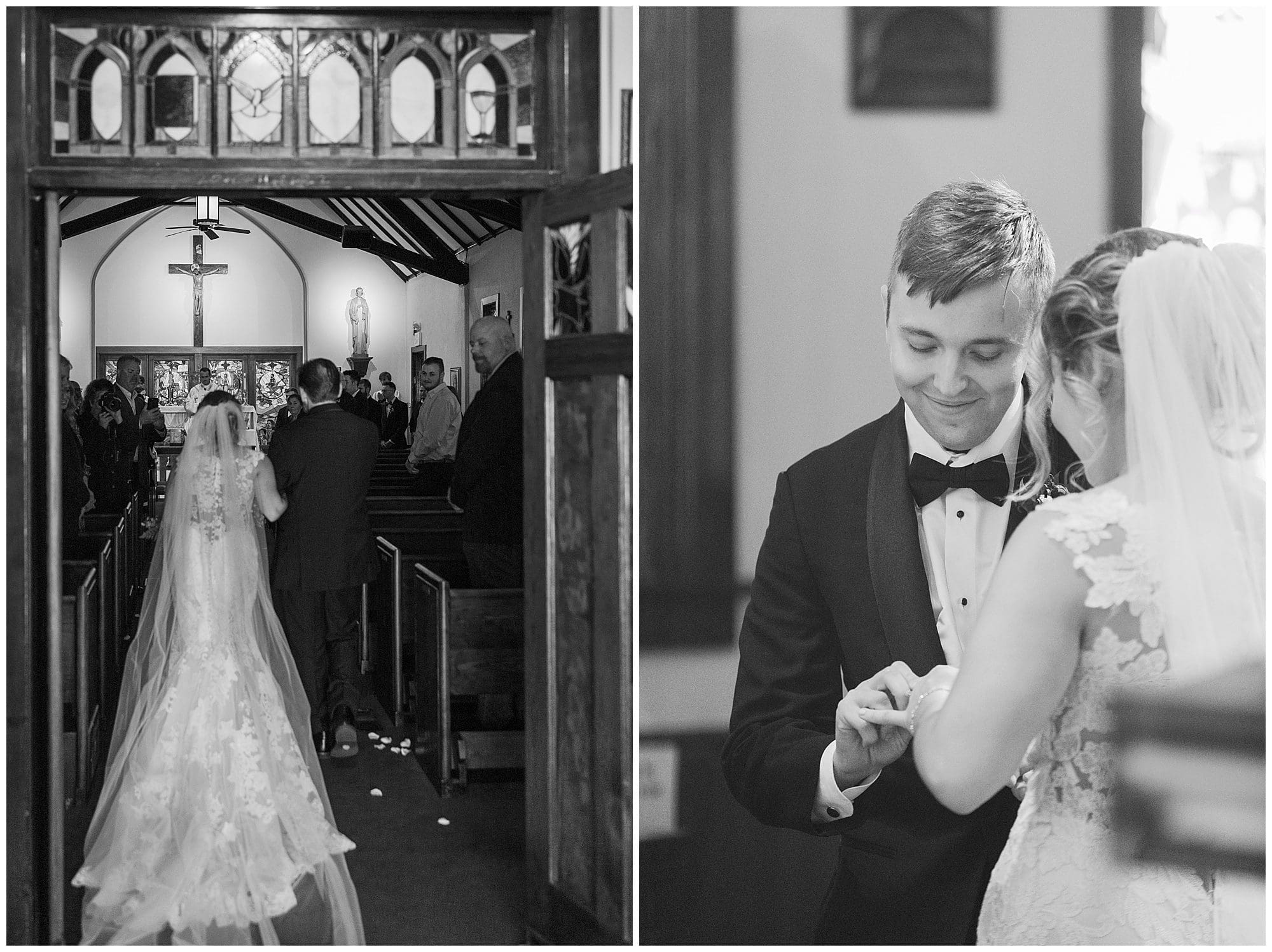 Black and white wedding photos: the first shows a bride walking down the aisle in a church, the second captures a groom placing a ring on the bride's finger.