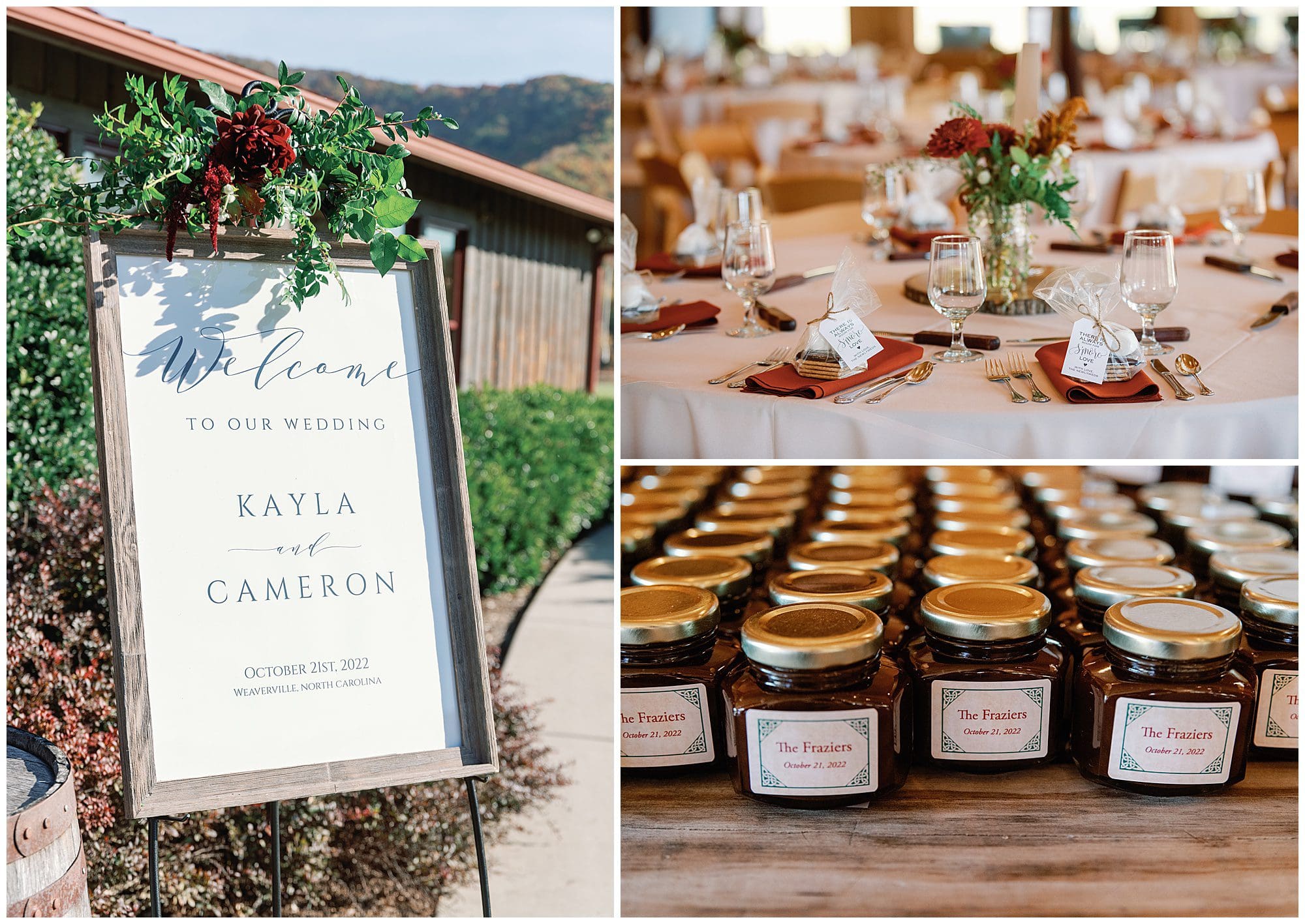 Left: a wedding welcome sign adorned with greenery and red flowers. right: rows of wedding favors, small jars of honey with personalized labels.