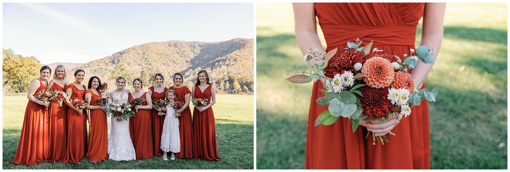 Left: a bride and bridesmaids in red dresses posing in a grassy field with hills in the background. right: close-up of a bridesmaid holding a bouquet with red and orange flowers.