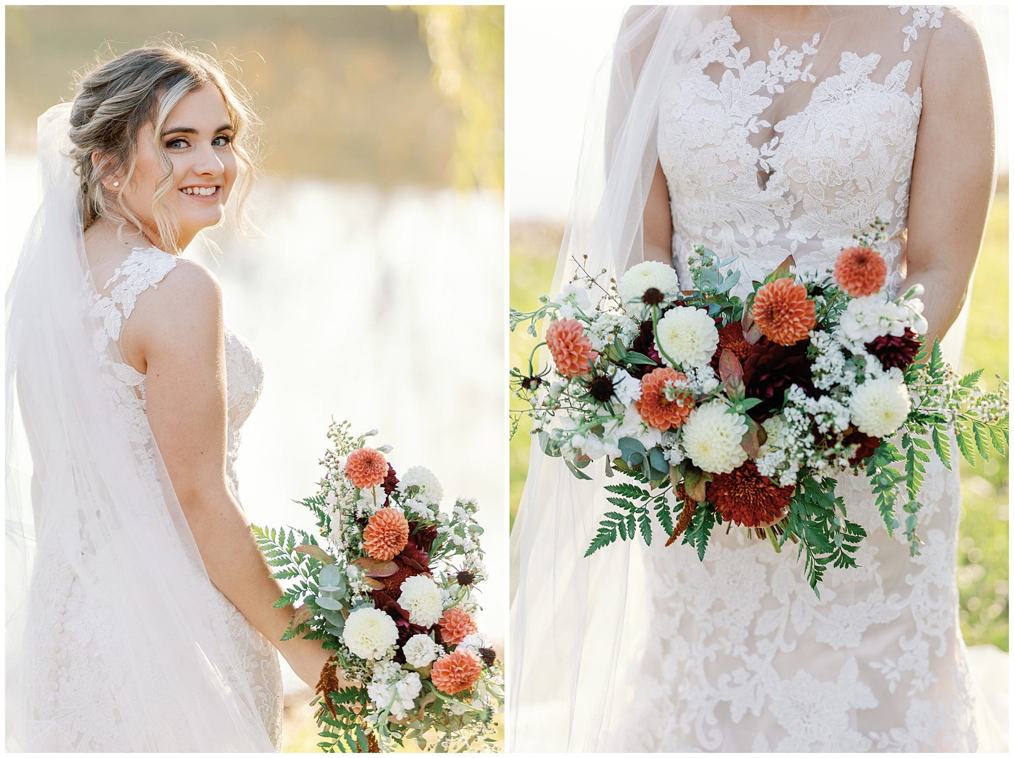 Bride in a lace wedding gown smiling over her shoulder, holding a bouquet of red, orange, and white flowers.