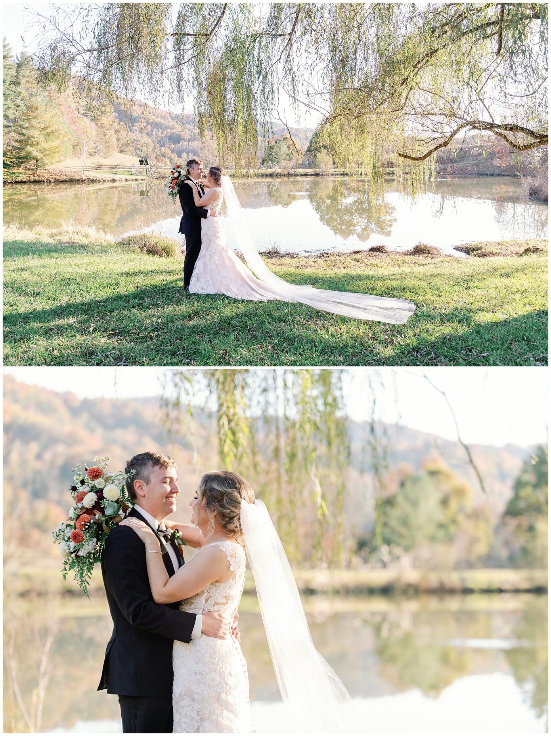 A bride and groom pose lovingly outdoors by a lake with trees, the bride in a long trailing gown and the groom in a black suit.