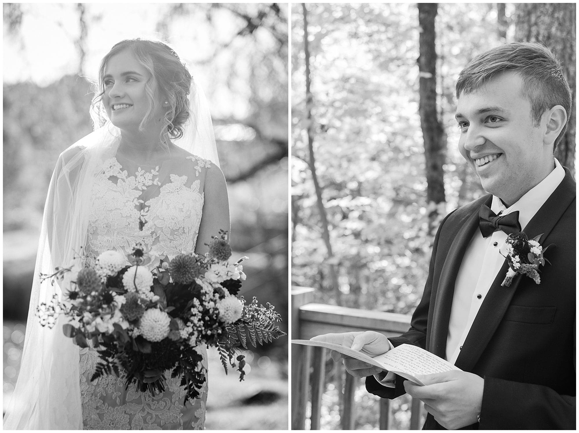 Split image of a bride holding a bouquet with a joyful expression and a groom reading from a card, both in formal wedding attire.