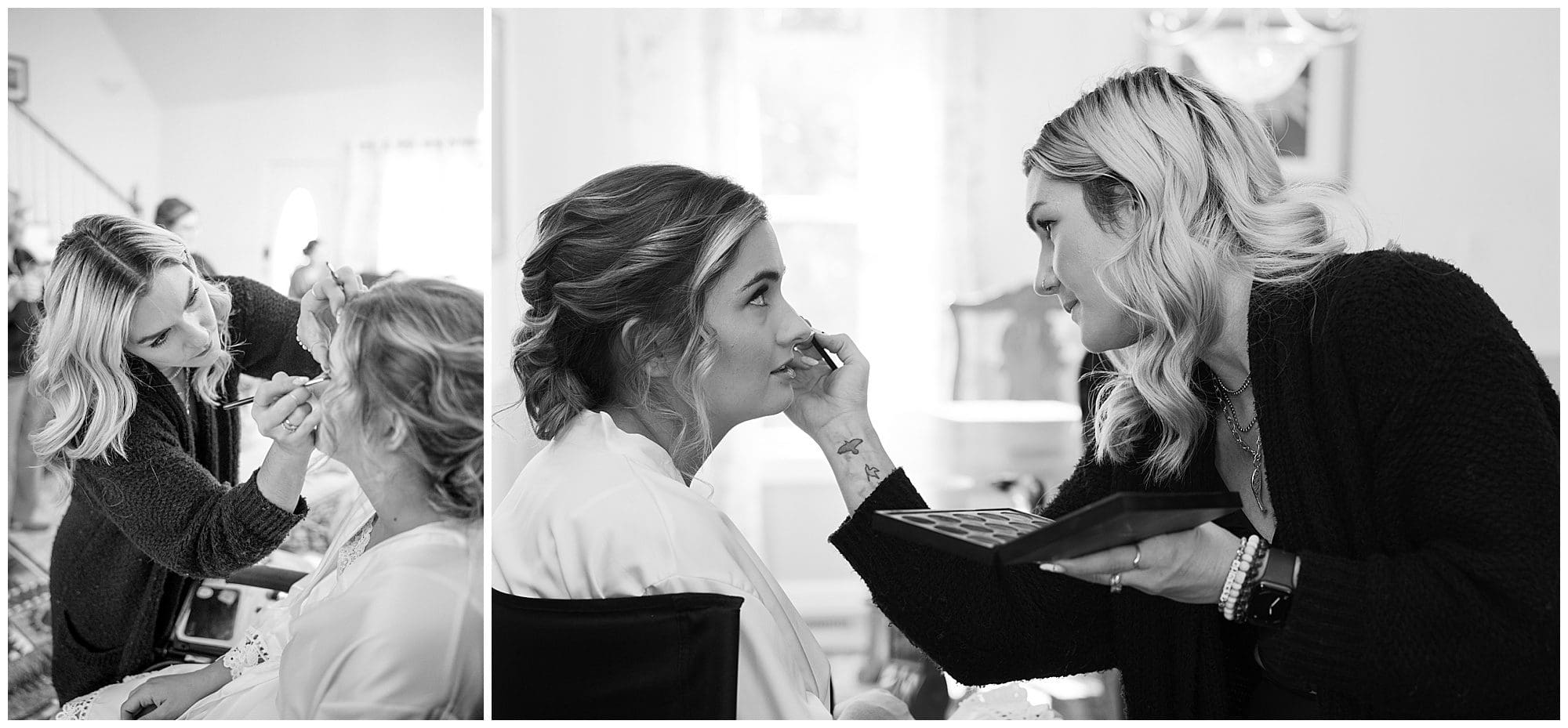 Two black and white photos showing a bride getting her makeup done by a professional makeup artist in a busy room.