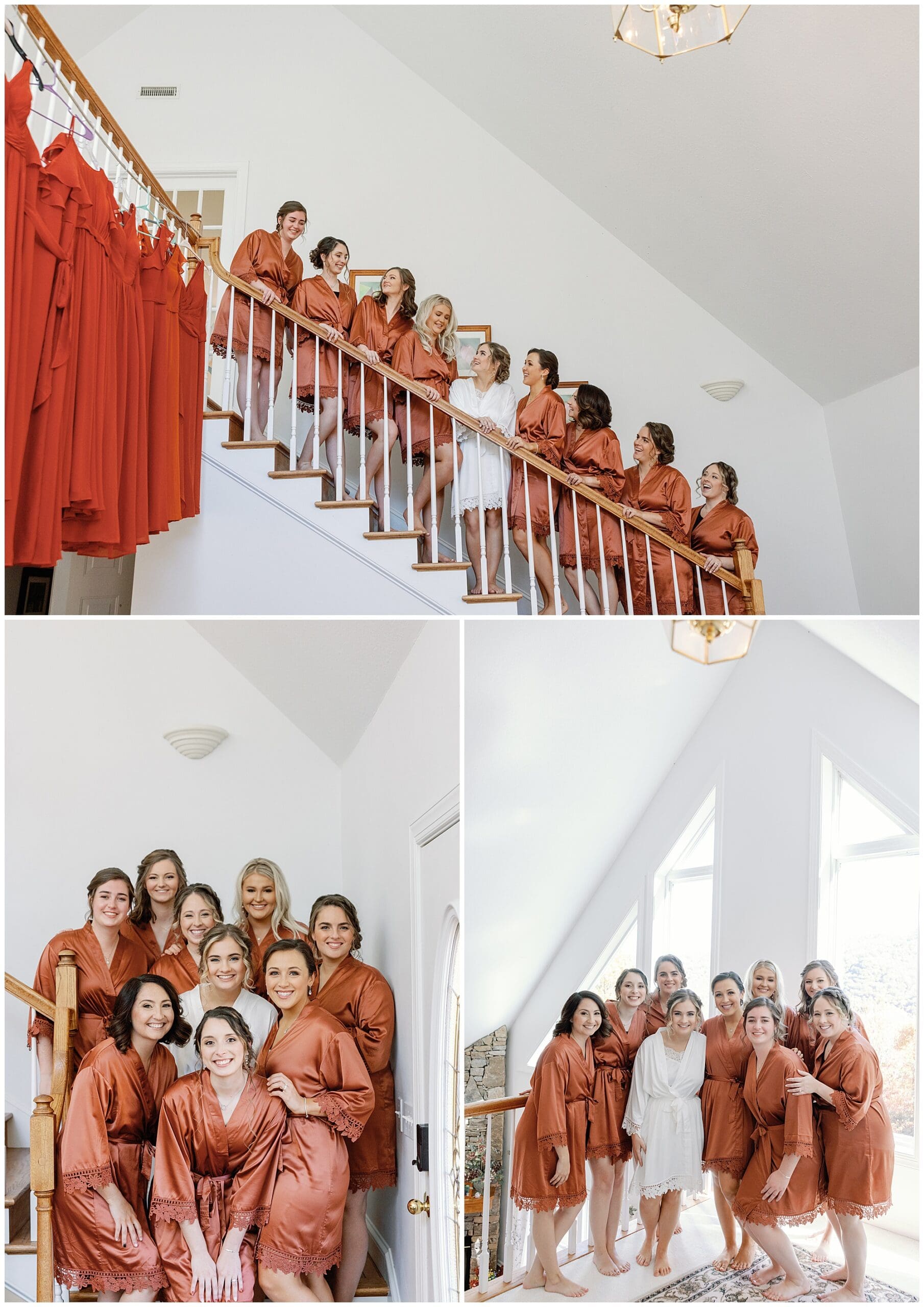 A group of women in matching orange robes pose together in various spots inside a bright home during a bridal preparation session.