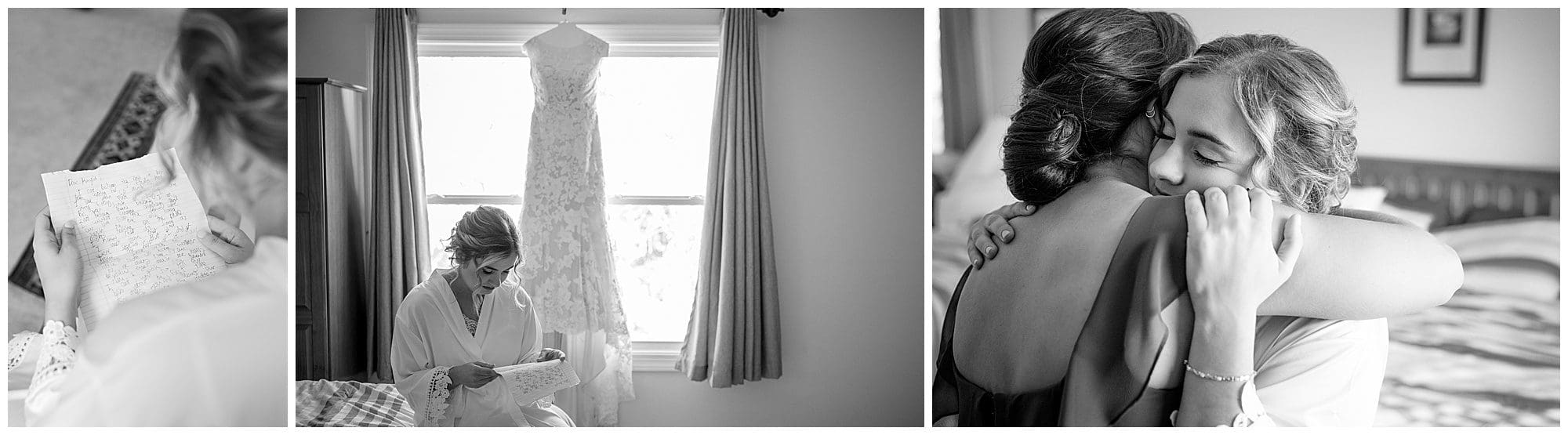 A triptych of black and white photos showing a bride's wedding day preparations: viewing her dress, reading a note, and sharing an emotional hug.