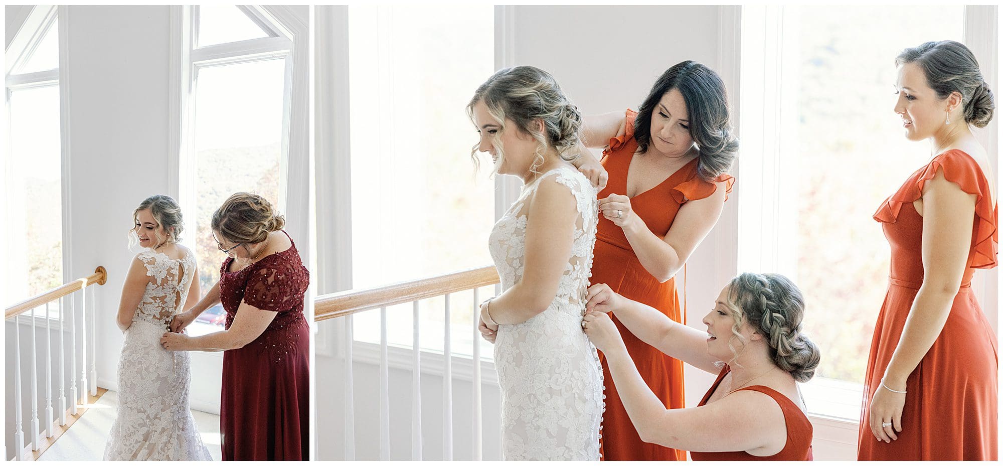 Bride being assisted by three women in adjusting her wedding gown near a staircase, all wearing formal dresses in a bright room with large windows.