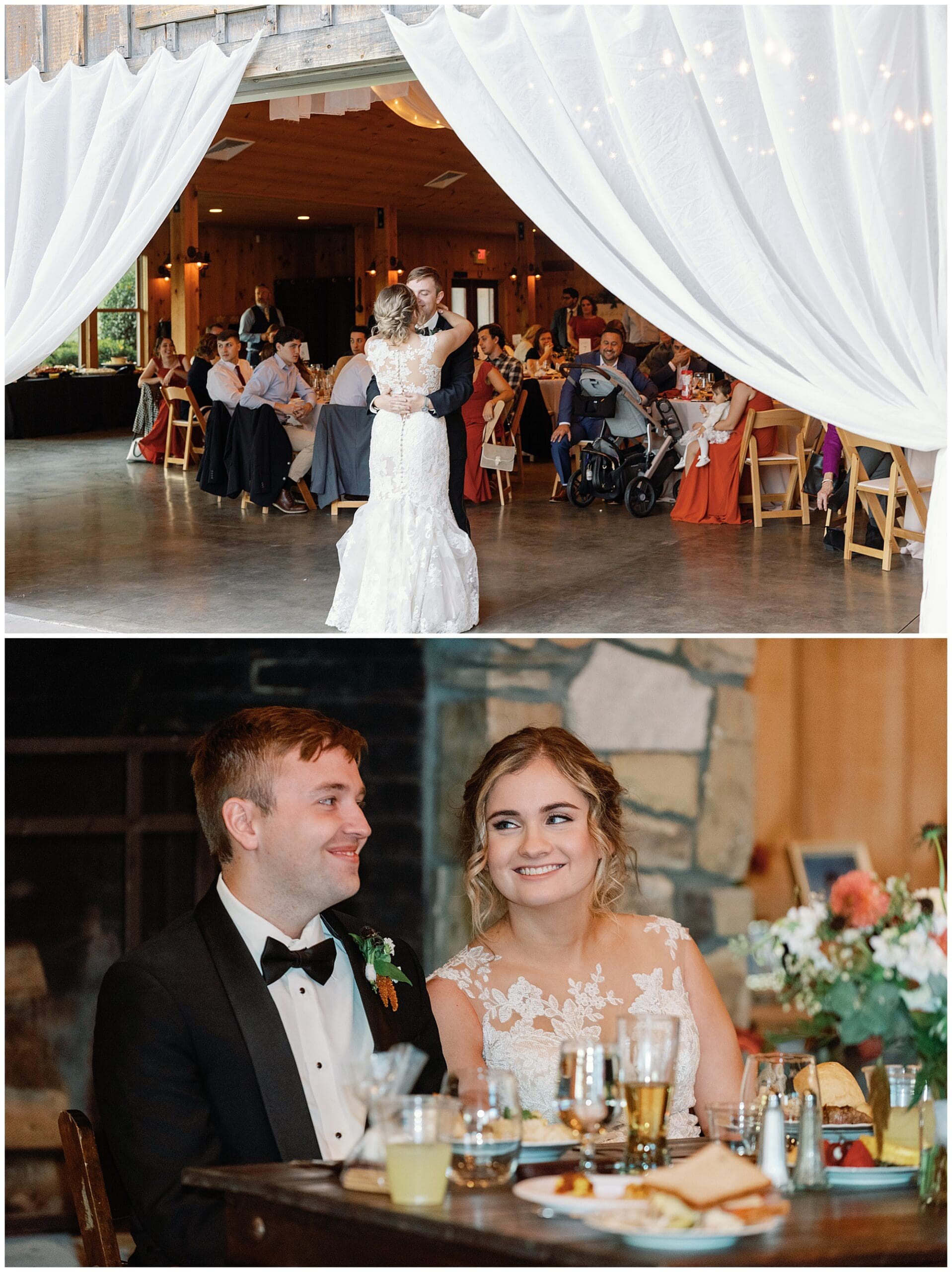 A bride and groom at their wedding reception: the top photo shows the bride dancing with an older man, the bottom photo shows the couple smiling at their table.