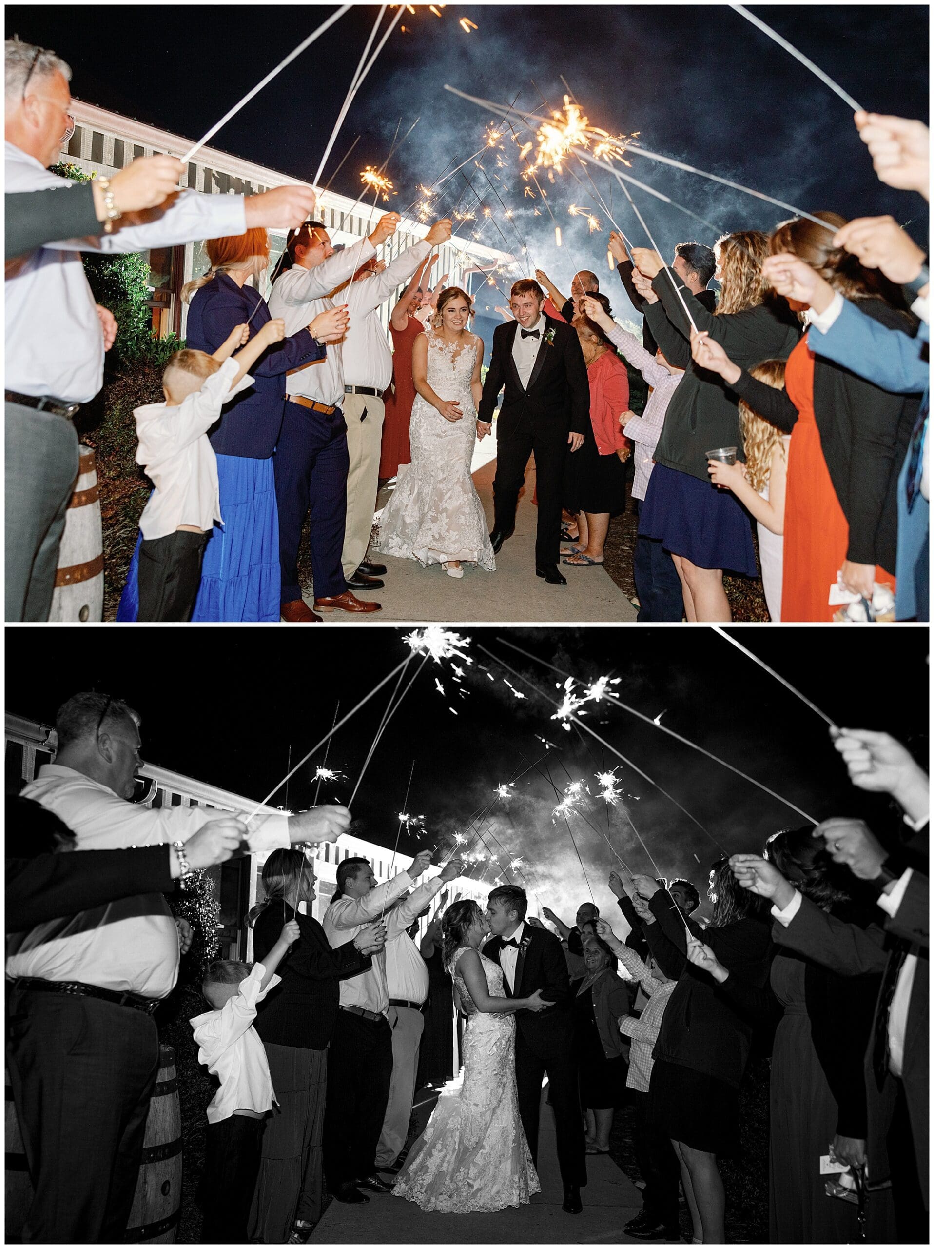 A bride and groom walk under an arch of sparklers held by guests, presented in both color and black-and-white versions.