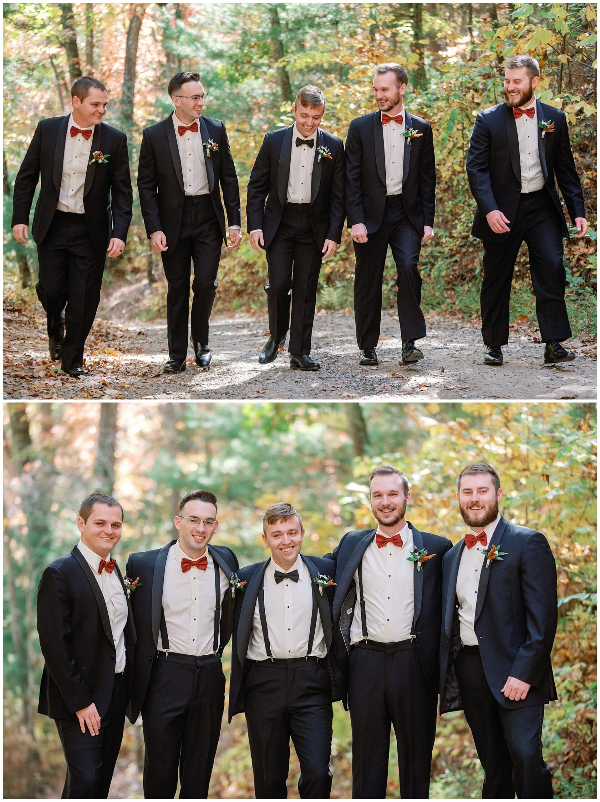 Five men in tuxedos with bow ties and boutonnieres, walking together and smiling in a wooded area.