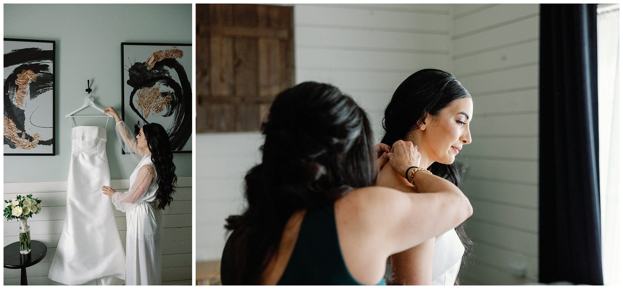 A bride in a white dress standing beside a mannequin while a woman helps her with her necklace in a room with elegant decor.