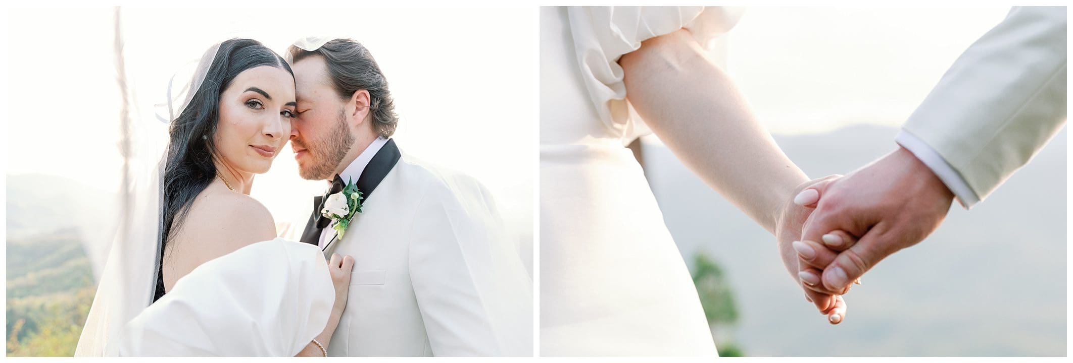 A bride and groom embracing in a scenic mountain view on the left; their hands clasped together on the right.