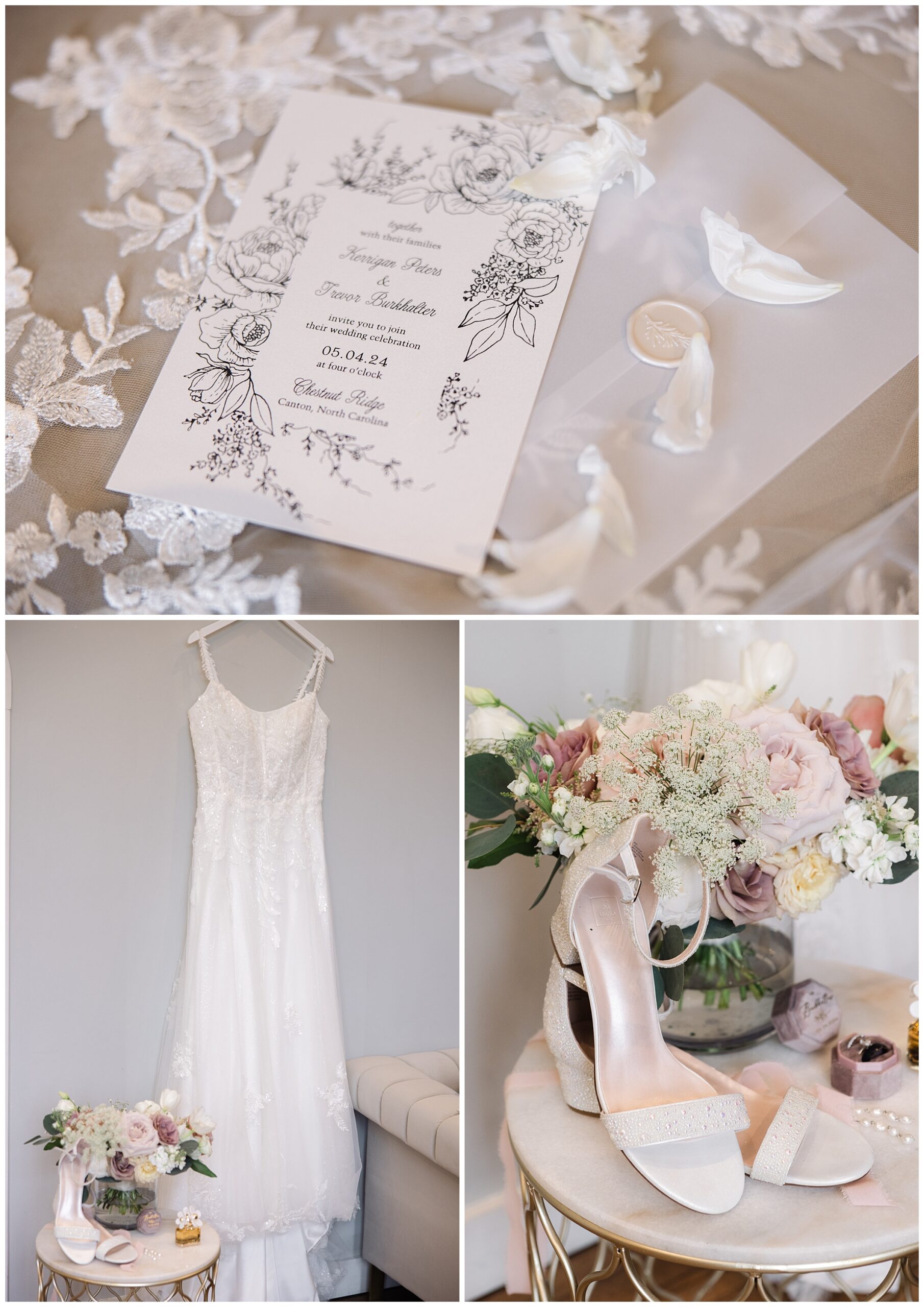 Elegant mountain wedding details including a white lace bridal gown, invitation card, white heels, floral arrangements, and accessories laid out decoratively at Chestnut Ridge.