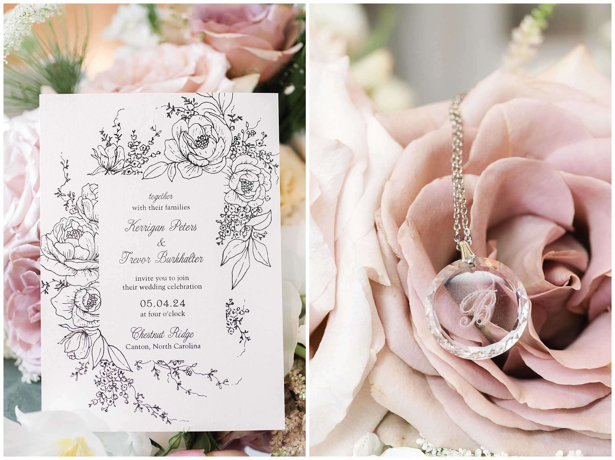 Elegant mountain wedding invitation with floral illustrations beside a close-up of a pendant with an initial "a" resting on a rose.