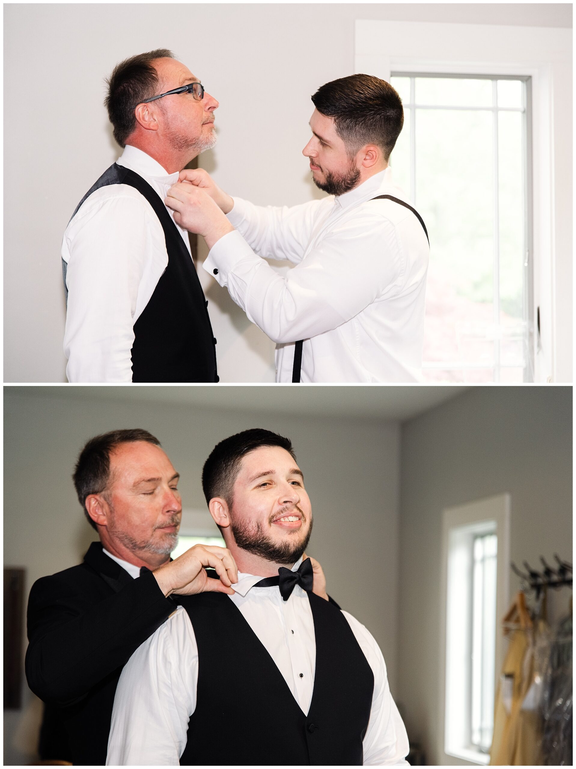 An older man adjusts a younger man's bow tie in a well-lit room at Chestnut Ridge, both dressed in formal black and white tuxedos, sharing a joyful moment.