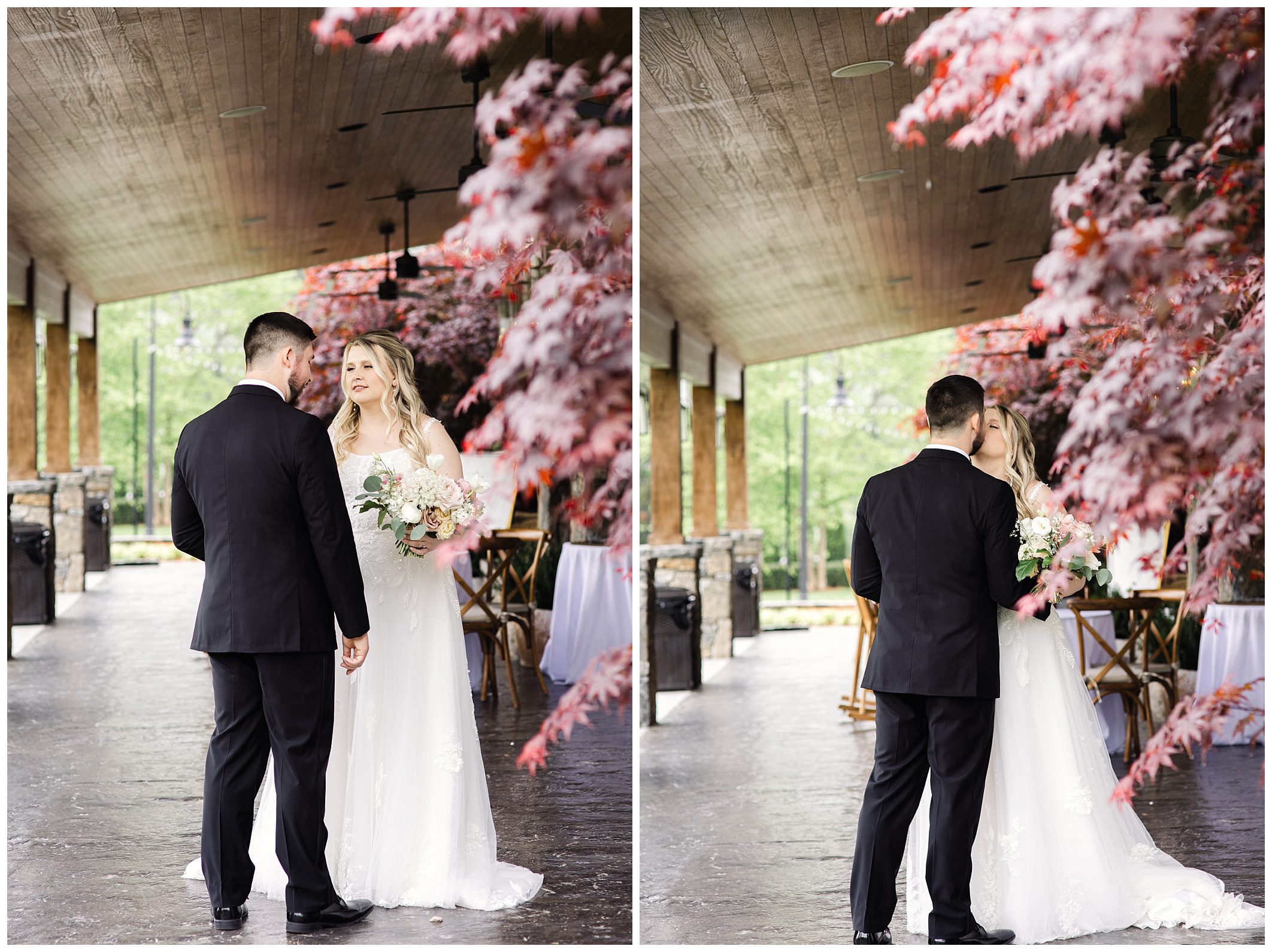 A bride and groom stand under a pavilion with autumn leaves at Chestnut Ridge, facing each other and holding hands, in an intimate mountain wedding moment.