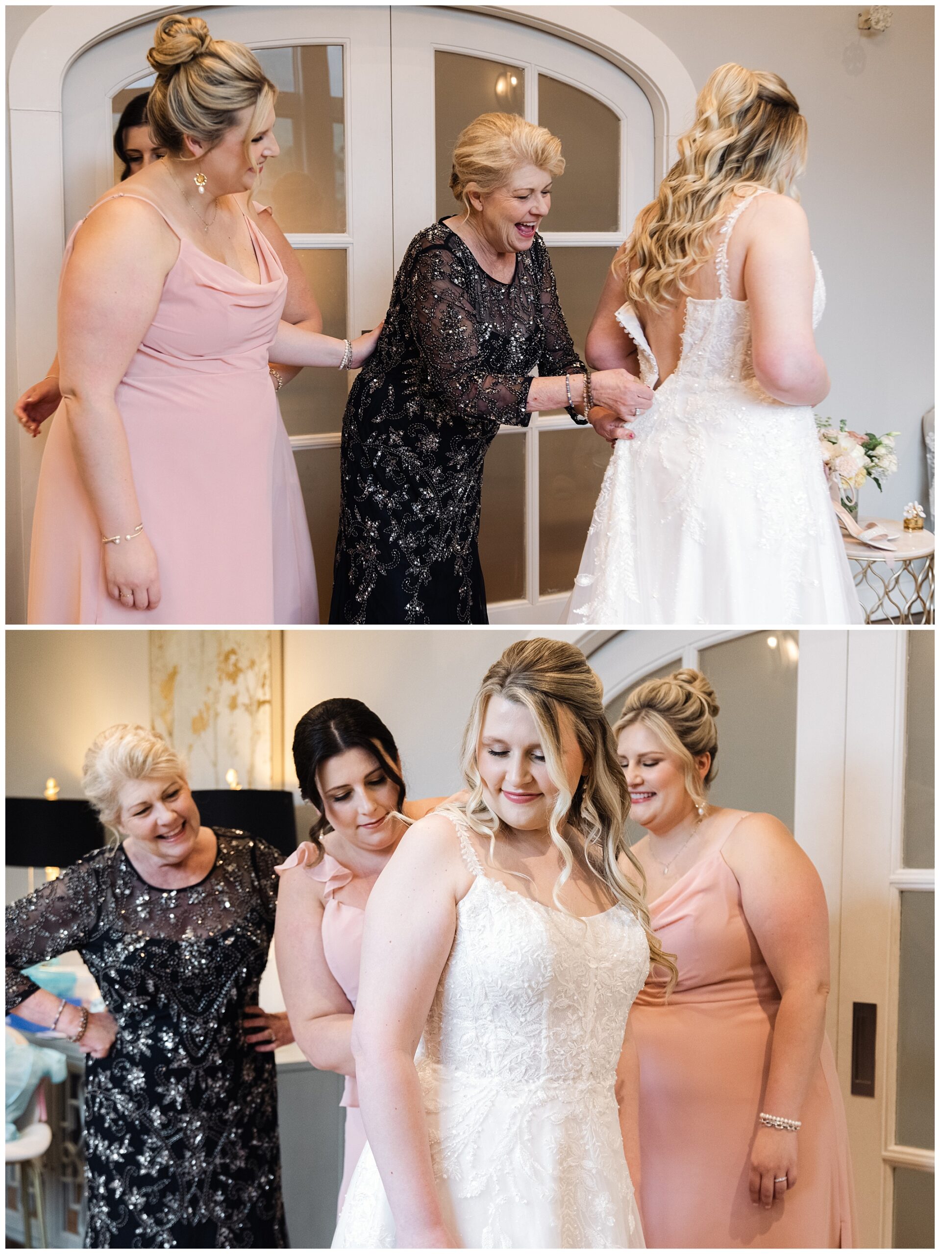 Two images of a mountain wedding at Chestnut Ridge: the top shows an elderly woman holding hands with a bride as another woman watches; the bottom shows the elderly woman and two women admiring the bride's dress.
