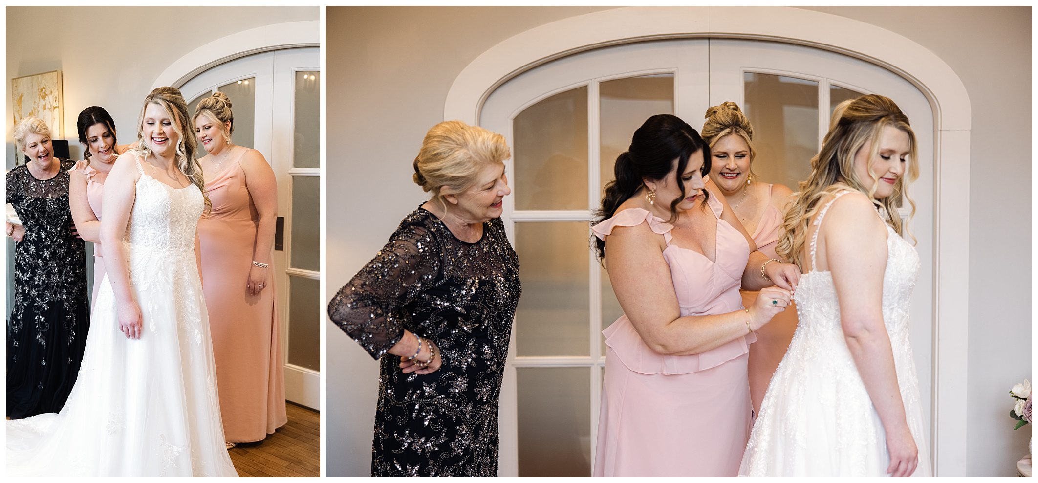 Bride and bridesmaids in pastel dresses smiling and adjusting dress details in a room with elegant decor, overlooking the rain at Chestnut Ridge.