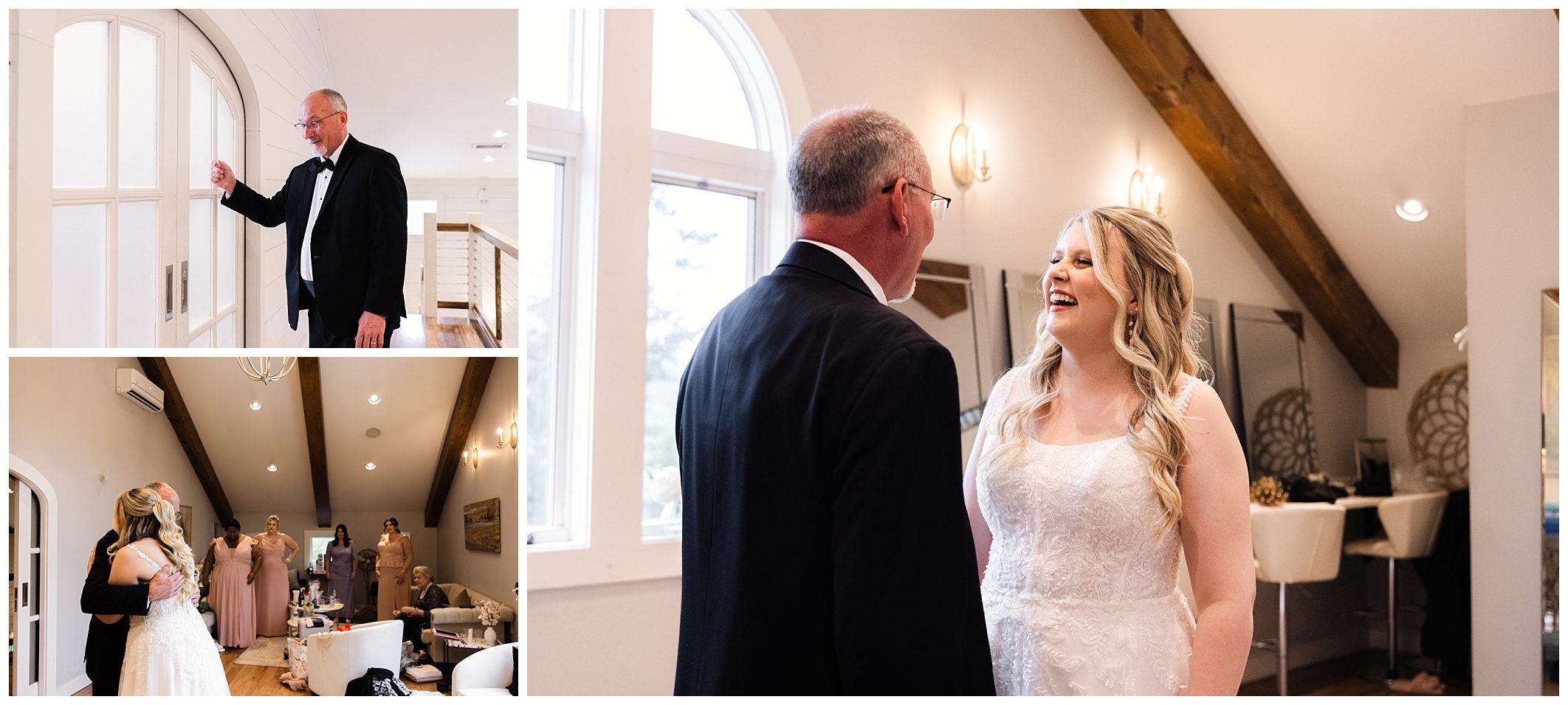 A collage of a mountain wedding day at Chestnut Ridge: father sees bride in her dress for the first time, sharing a joyful moment; bride preparing with bridesmaids in a decorated room.