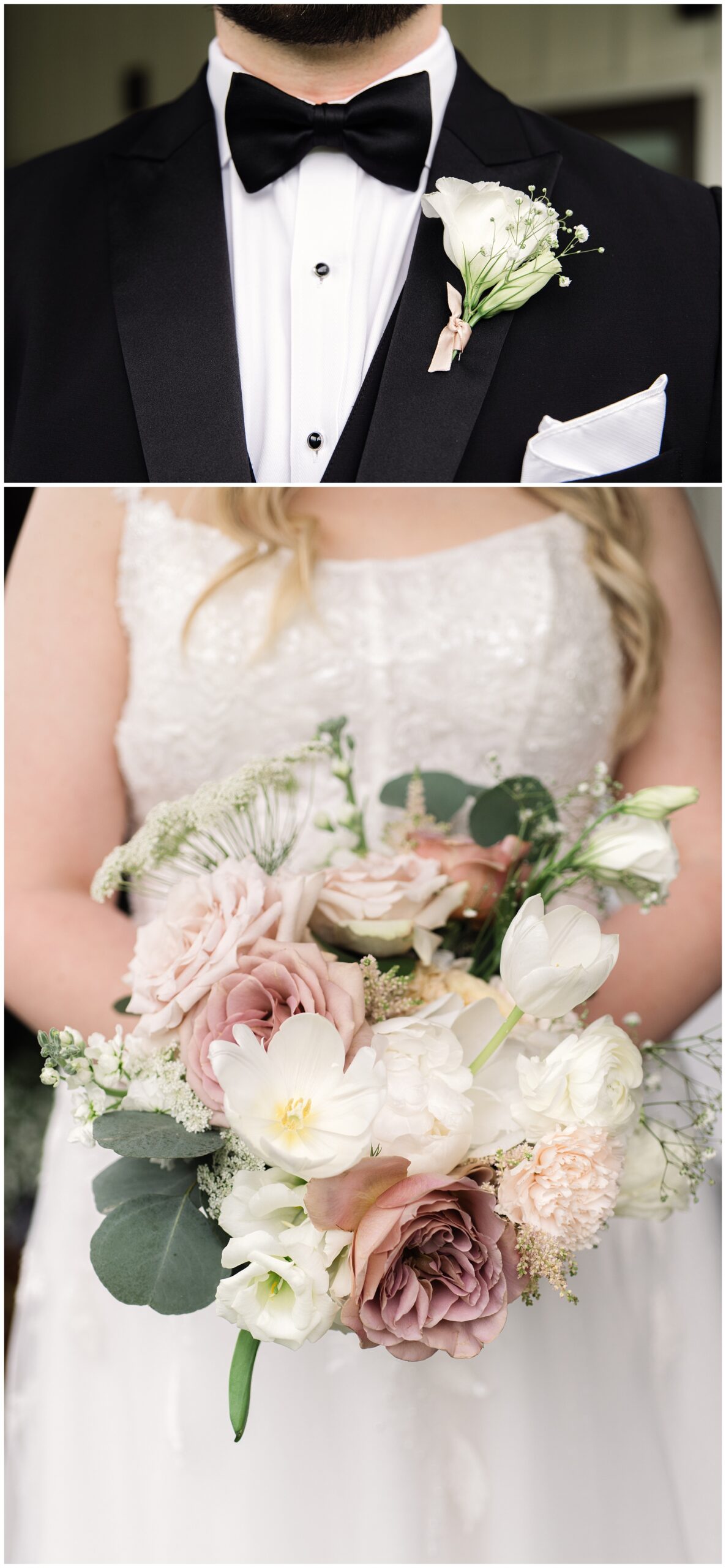Close-up of a groom in a black tuxedo with a boutonniere and a bride in a white gown holding a bouquet of soft pink and white flowers at Chestnut Ridge.