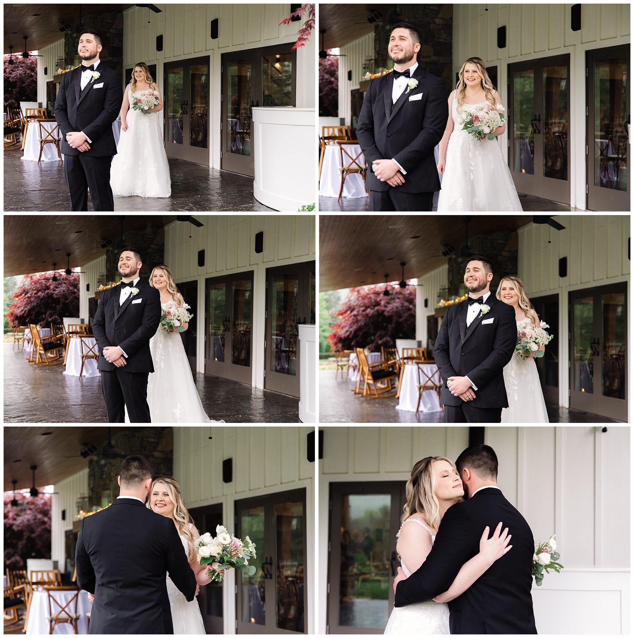 A collage of six mountain wedding photos showing a bride and groom posing together in various affectionate positions outside a venue at Chestnut Ridge, with large windows and pendant lights.